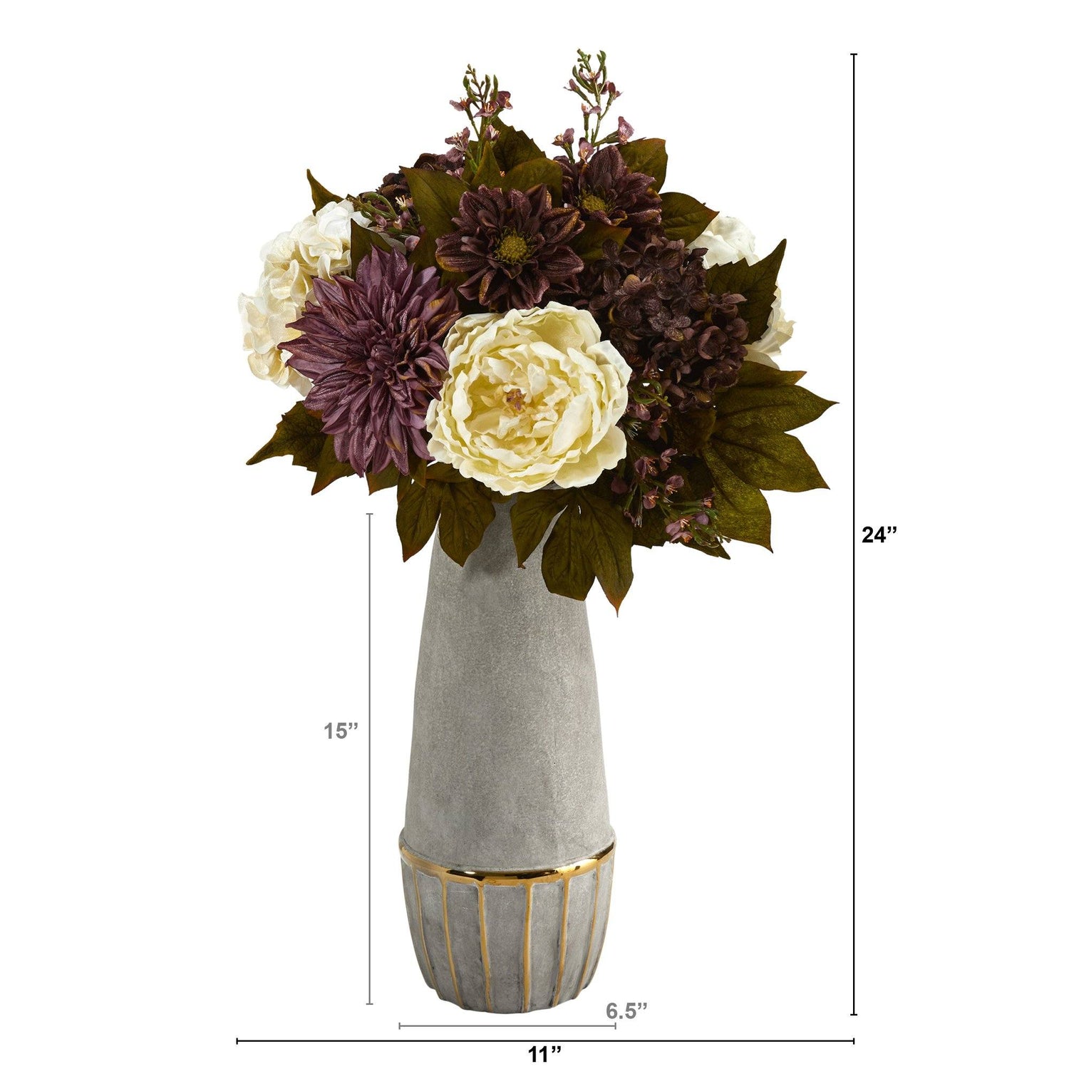 24” Peony, Hydrangea and Dahlia Artificial Arrangement in Stoneware Vase with Gold Trimming
