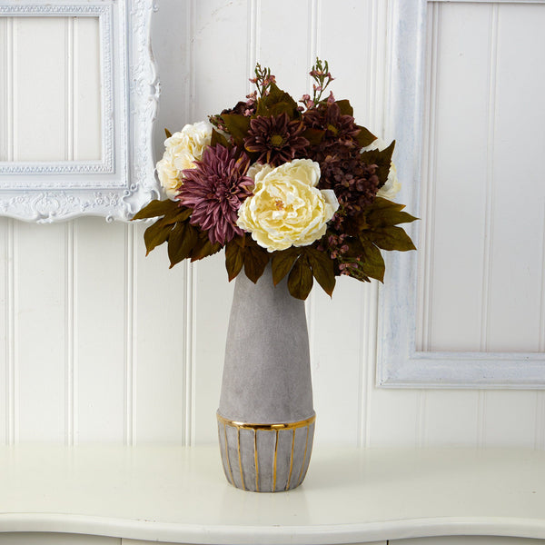 24” Peony, Hydrangea and Dahlia Artificial Arrangement in Stoneware Vase with Gold Trimming