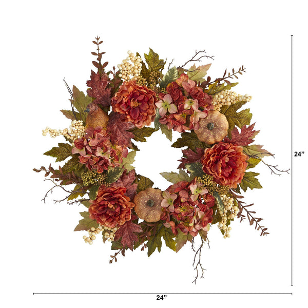 24” Peony, Hydrangea and Pumpkin Fall Artificial Wreath