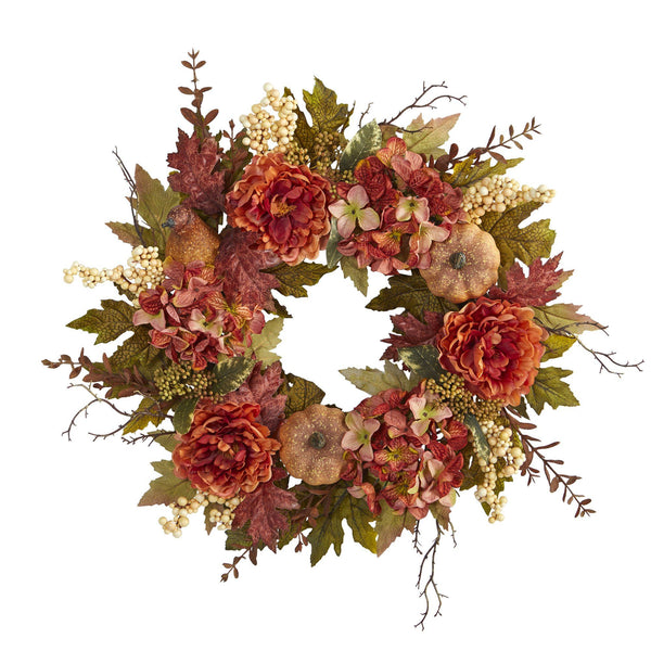 24” Peony, Hydrangea and Pumpkin Fall Artificial Wreath