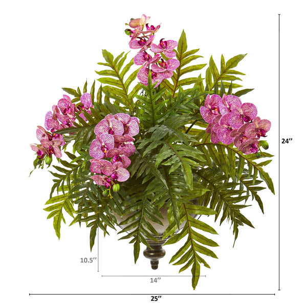 24” Phalaenopsis Orchid and Fern Plant in Metal Hanging Bowl