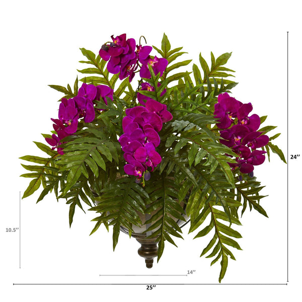 24” Phalaenopsis Orchid and Fern Plant in Metal Hanging Bowl