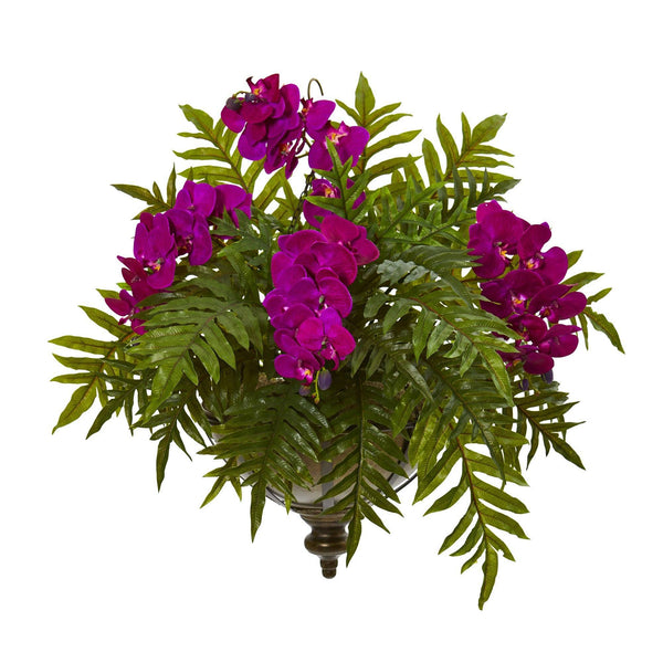 24” Phalaenopsis Orchid and Fern Plant in Metal Hanging Bowl