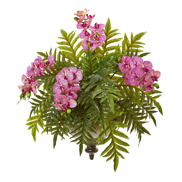 24” Phalaenopsis Orchid and Fern Plant in Metal Hanging Bowl