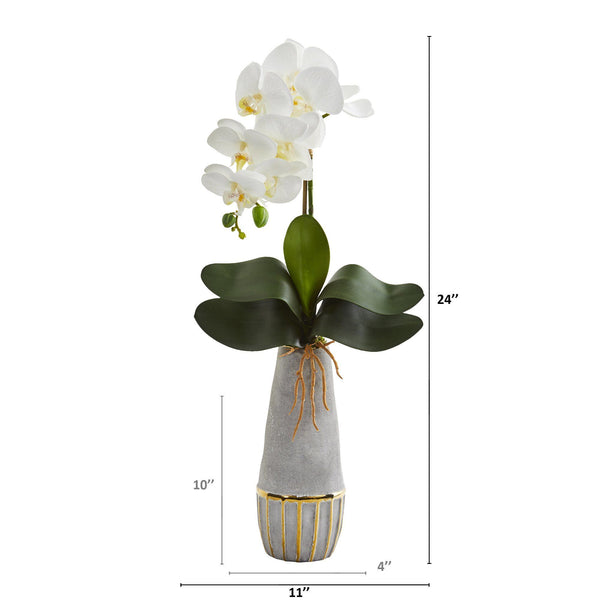 24” Phalaenopsis Orchid Artificial Arrangement in Stoneware Vase with Gold Trimming