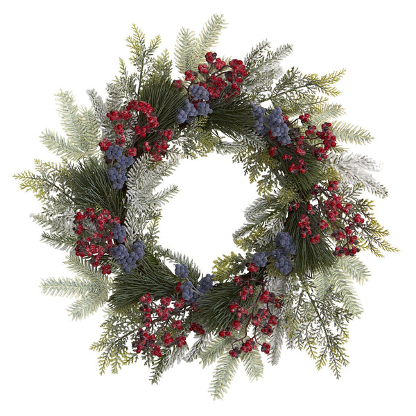 24” Pine and Cedar Artificial Wreath with Berries