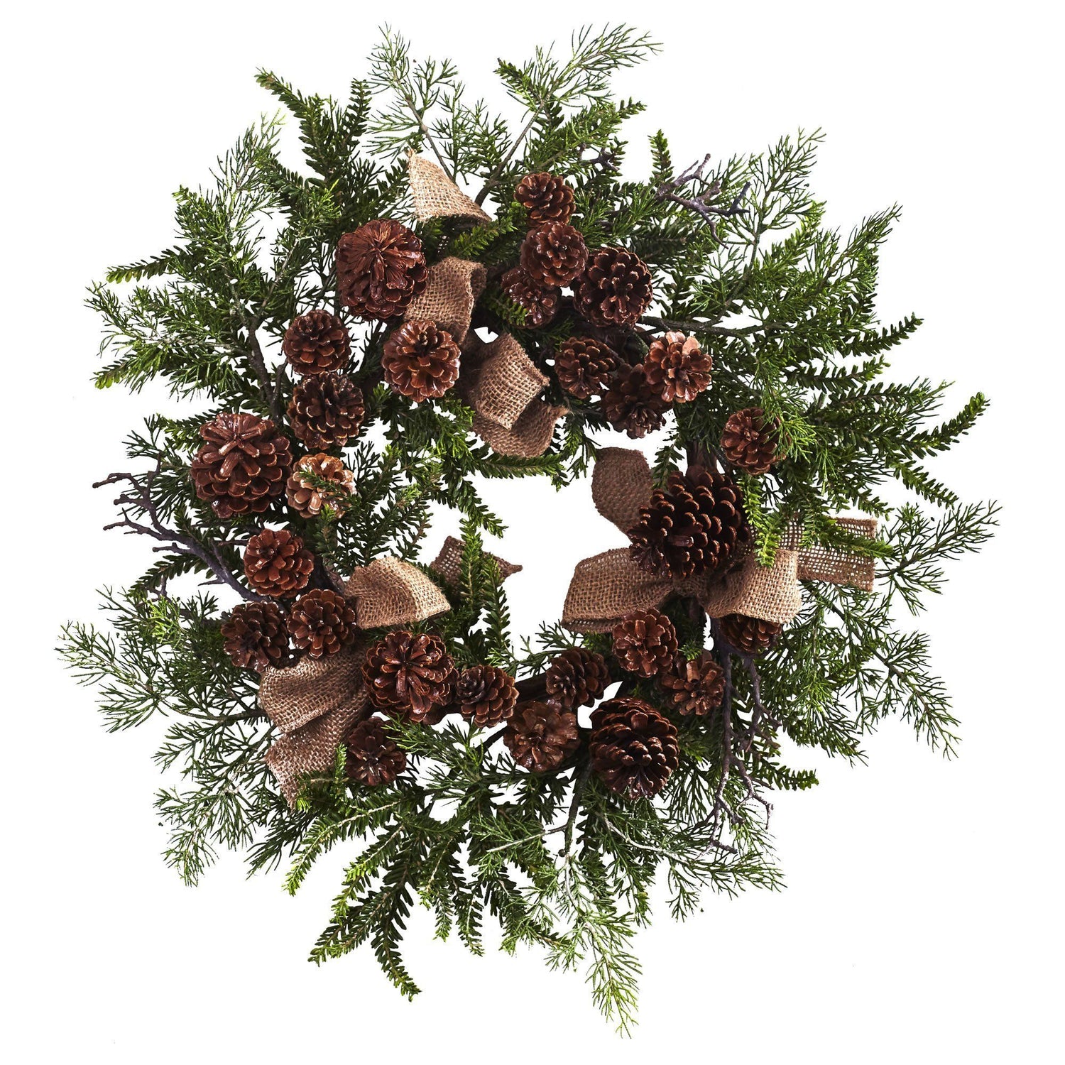24” Pine & Pine Cone Wreath w/Burlap Bows