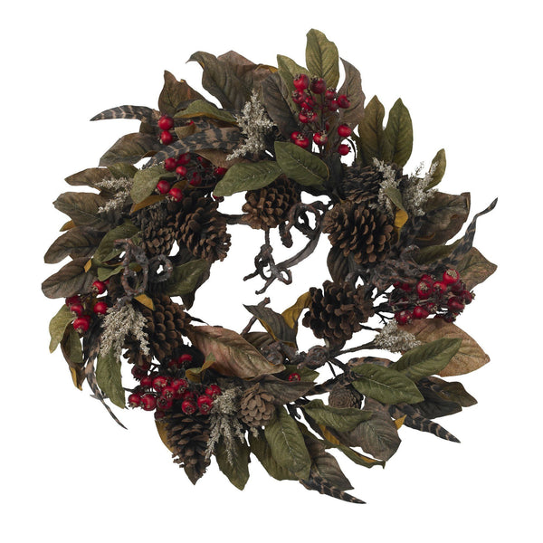 24" Pinecone, Berry & Feather Wreath"