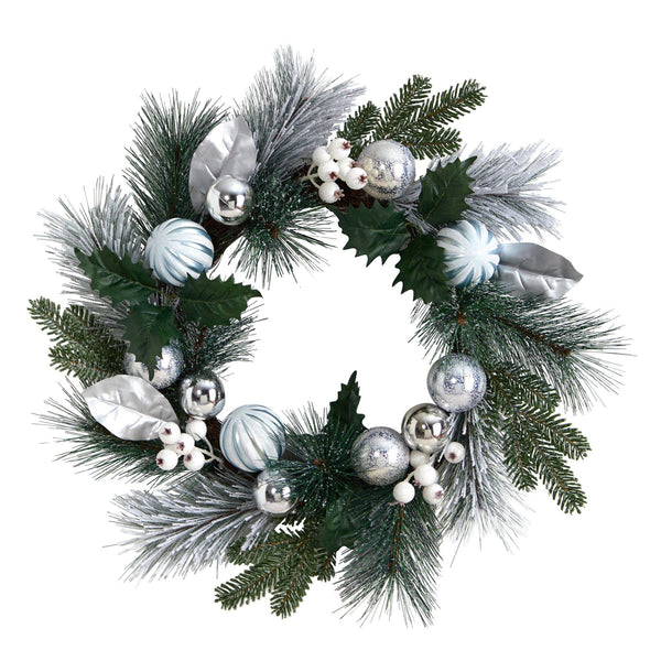 24” Pinecones and Berries Christmas Artificial Wreath with Silver Ornaments