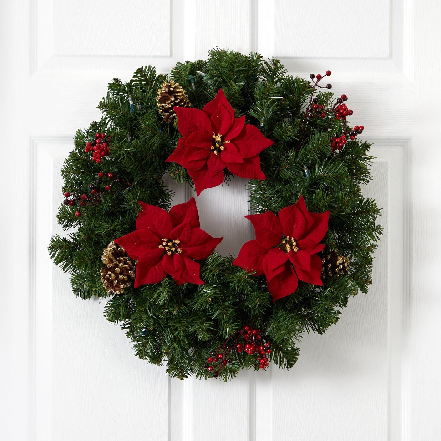 24” Poinsettia, Berry and Pinecone Artificial Wreath with 50 Warm White LED Lights