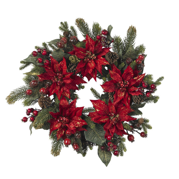 24" Poinsettia & Berry Wreath"