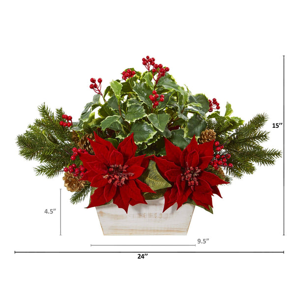 24” Poinsettia, Holly, Berry and Pine Artificial Arrangement in Planter