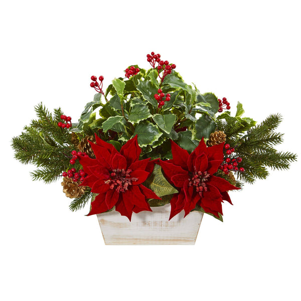 24” Poinsettia, Holly, Berry and Pine Artificial Arrangement in Planter