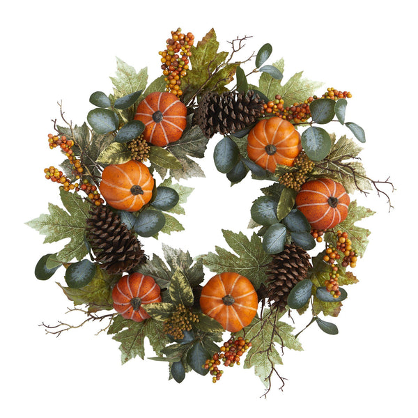 24” Pumpkins, Pine Cones and Berries Fall Artificial Wreath