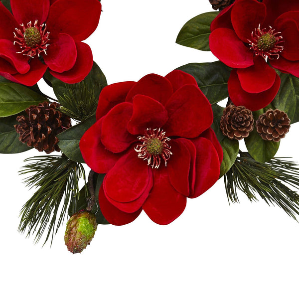 24” Red Magnolia & Pine Wreath