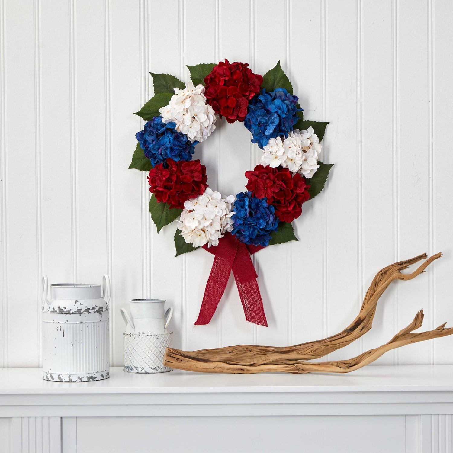 24” Red, White and Blue “Americana” Hydrangea Artificial Wreath