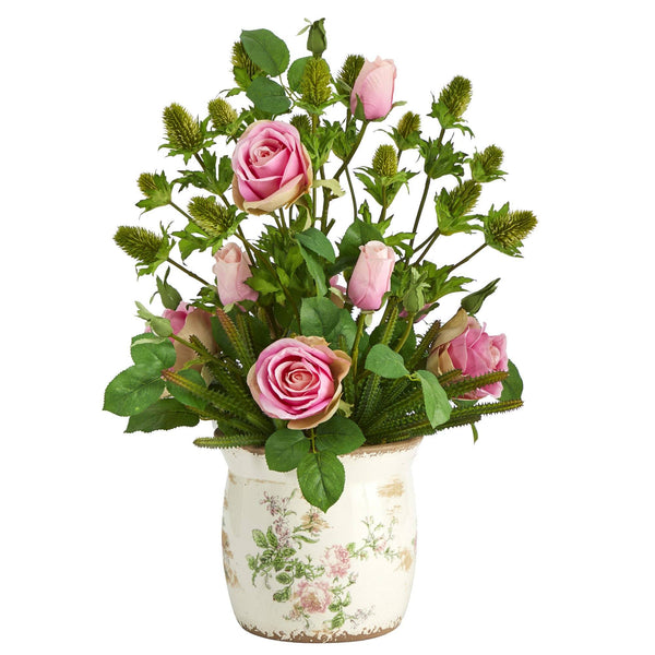 24” Rose, Thistle and Succulent Artificial Arrangement in Floral Vase