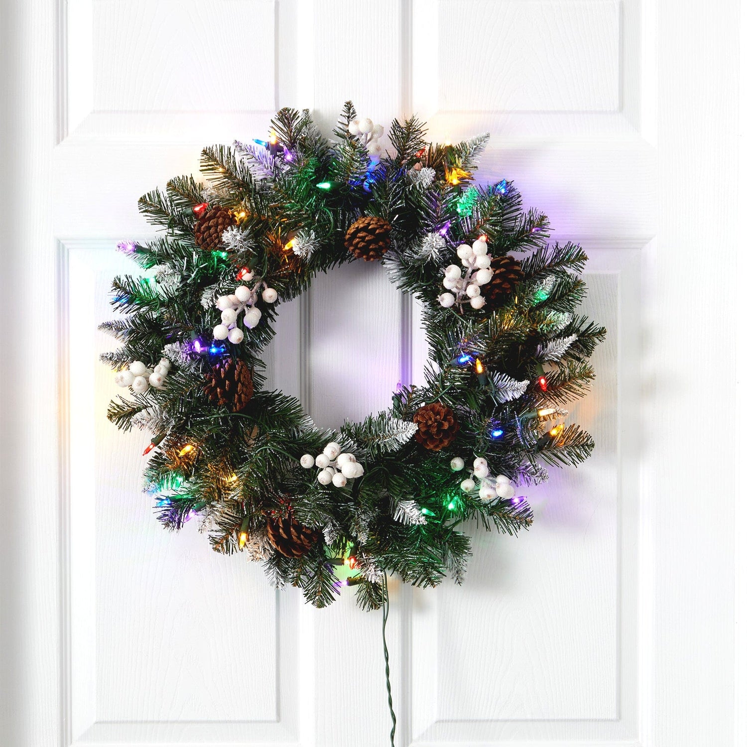 24” Snow Tipped Artificial Christmas Wreath with 50 Multicolored LED Lights, White Berries and Pine Cones