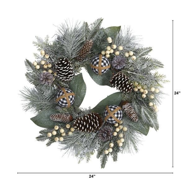 24” Snow Tipped Holiday Artificial Wreath with Berries, Pine Cones and Ornaments