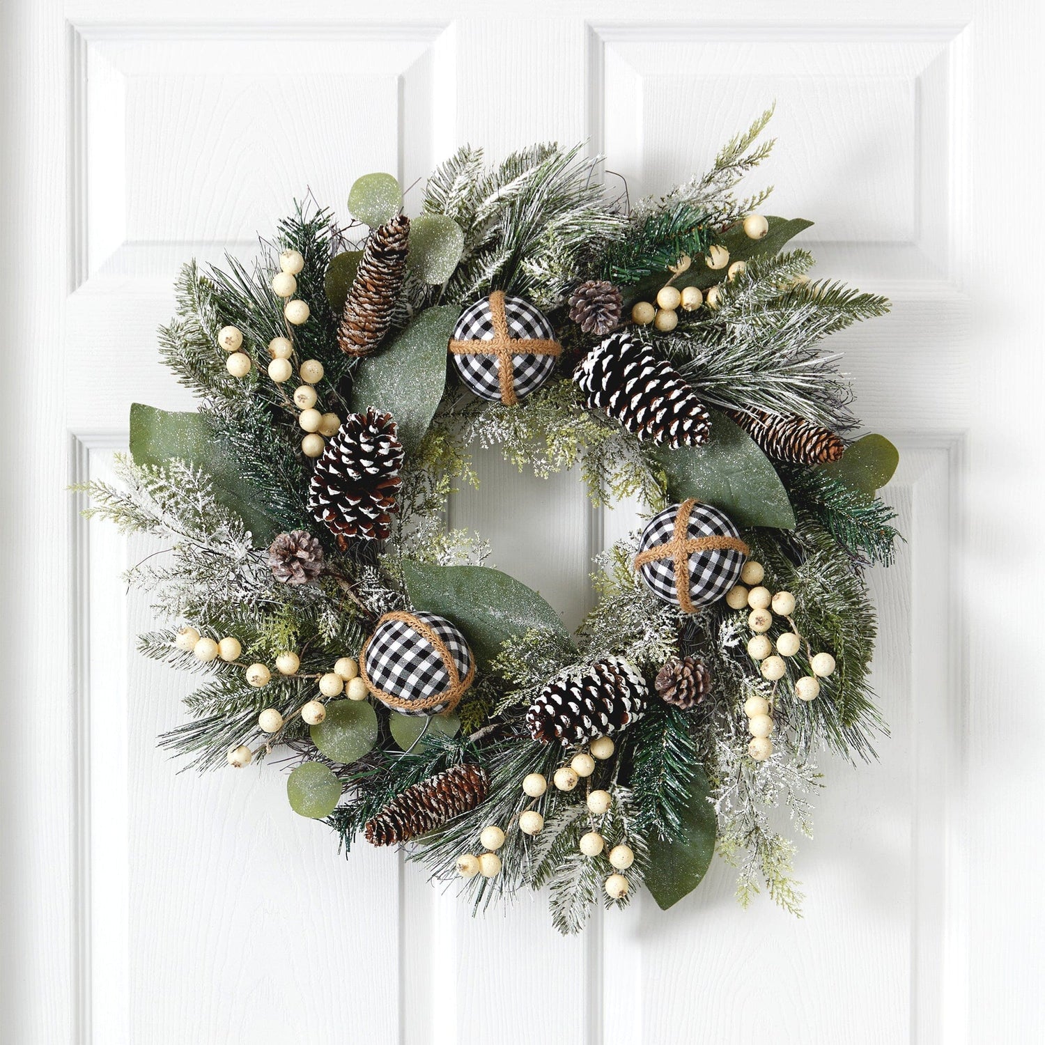 24” Snow Tipped Holiday Artificial Wreath with Berries, Pine Cones and Ornaments