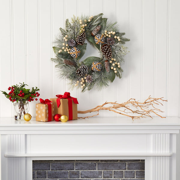 24” Snow Tipped Holiday Artificial Wreath with Berries, Pine Cones and Ornaments