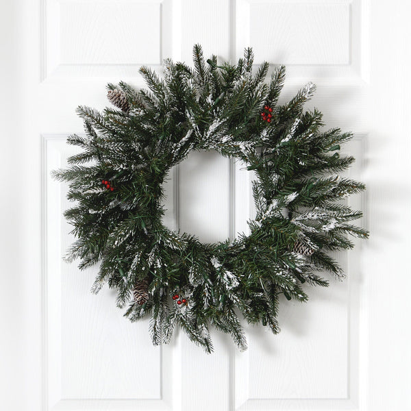 24” Snowed Artificial Christmas Wreath with 50 Warm White LED Lights and Pine Cones