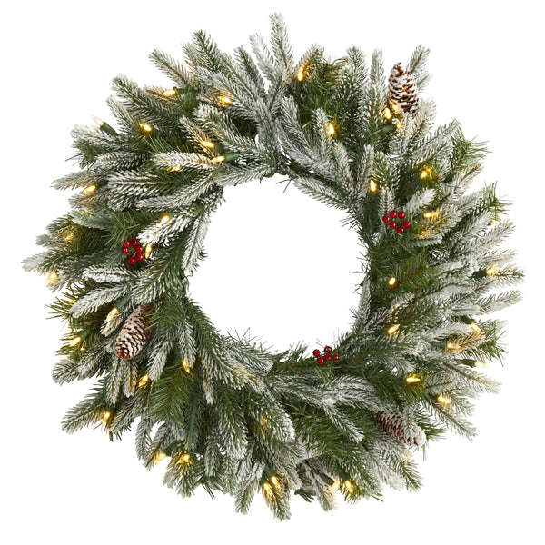 24” Snowed Artificial Christmas Wreath with 50 Warm White LED Lights and Pine Cones