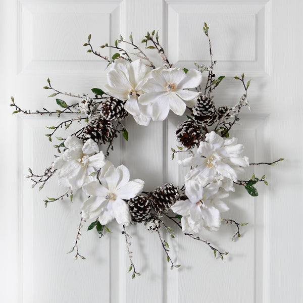 24” Snowed Magnolia / Pine Cone Wreath