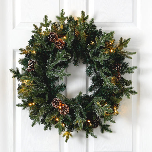 24” Snowed Pinecone Artificial Christmas Wreath with 35 Clear LED ...