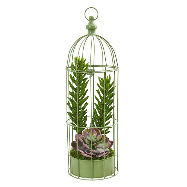 24” Succulent Garden Artificial Plant in Decorative Cage