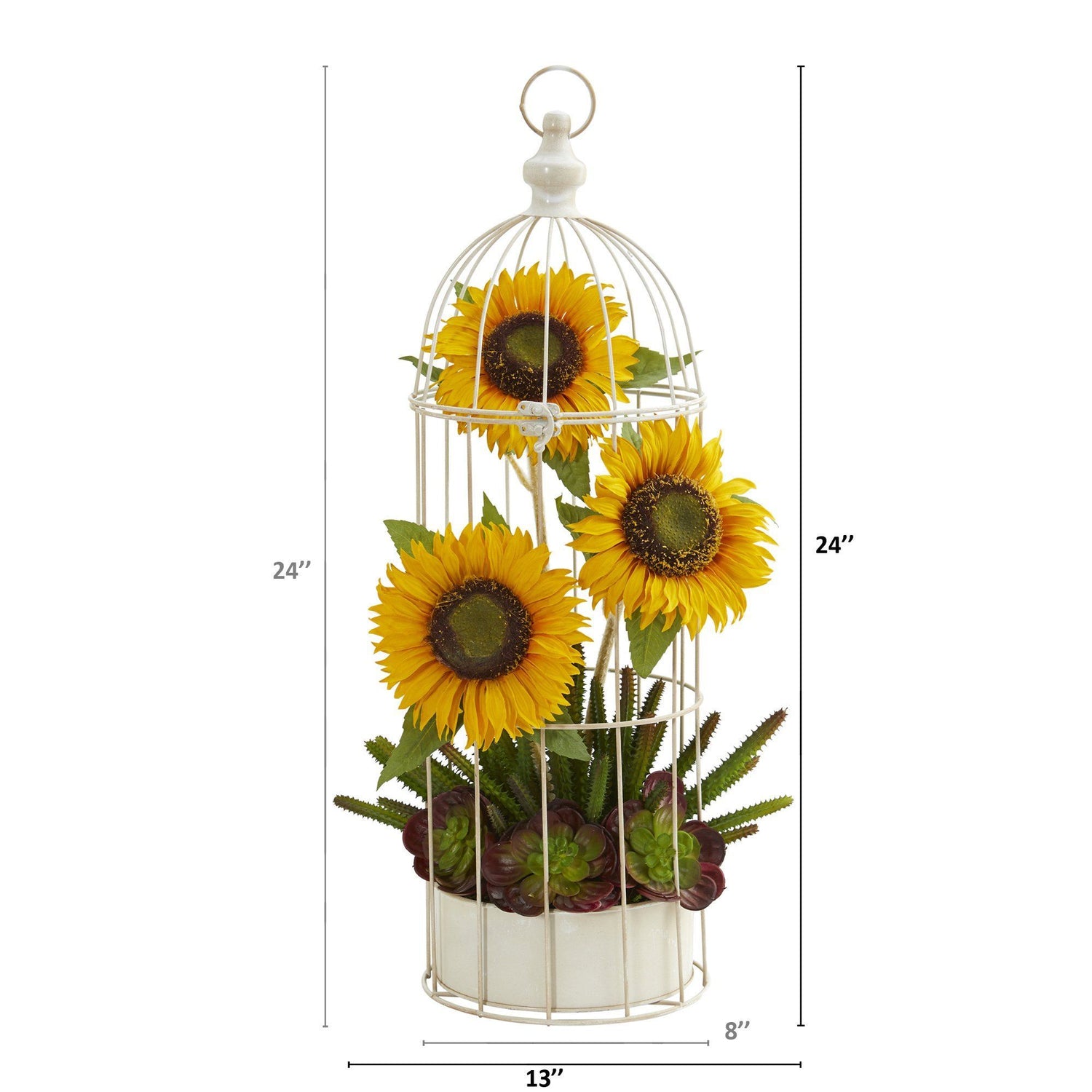24” Sunflower, Cactus and Echeveria Artificial Arrangement in Decorative Cage