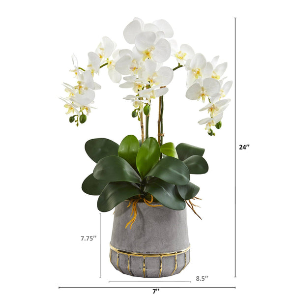 24” Triple Phalaenopsis Orchid Artificial Arrangement in Stoneware Vase with Gold Trimming