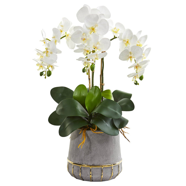 24” Triple Phalaenopsis Orchid Artificial Arrangement in Stoneware Vase with Gold Trimming