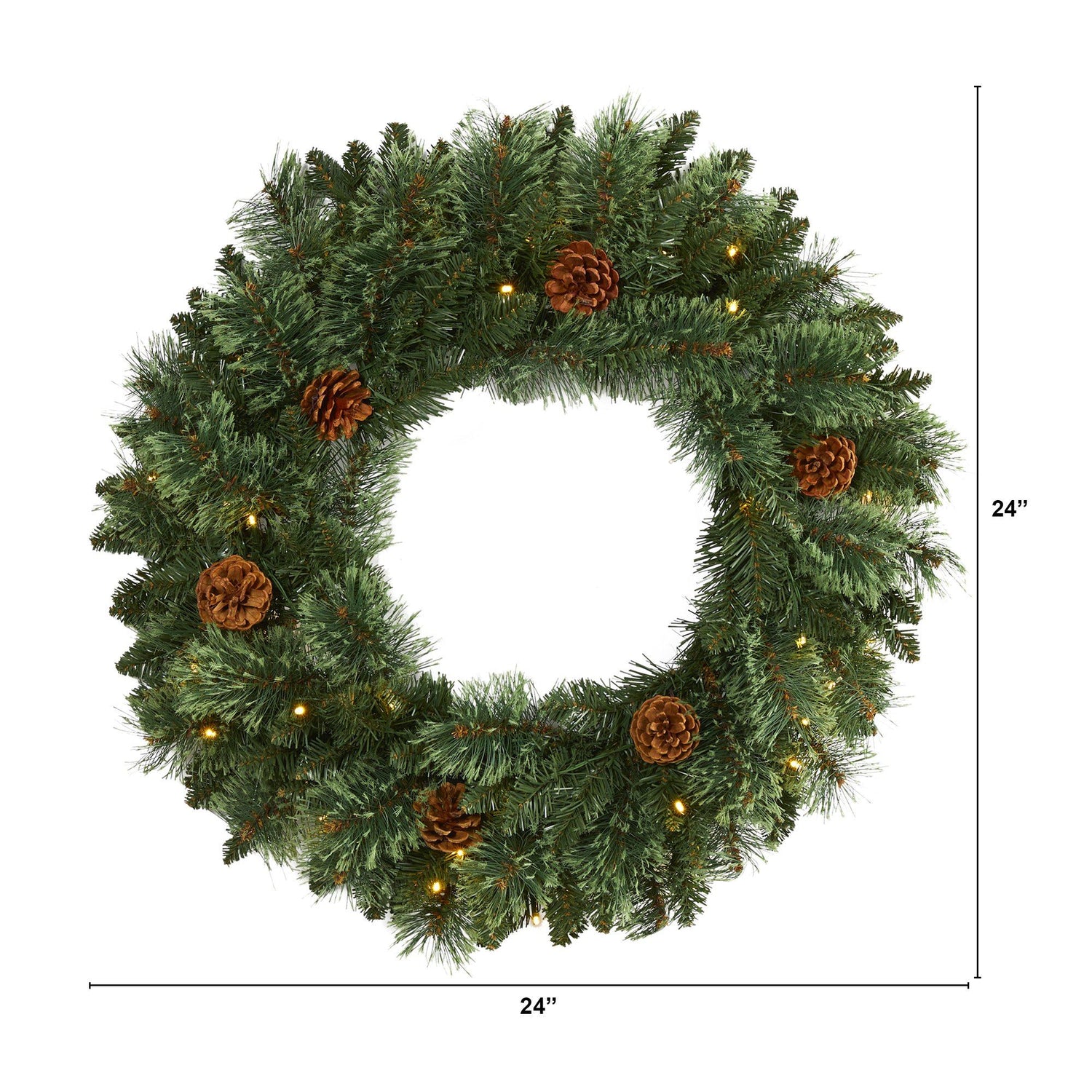 24” White Mountain Pine Artificial Christmas Wreath with 35 LED Lights and Pinecones