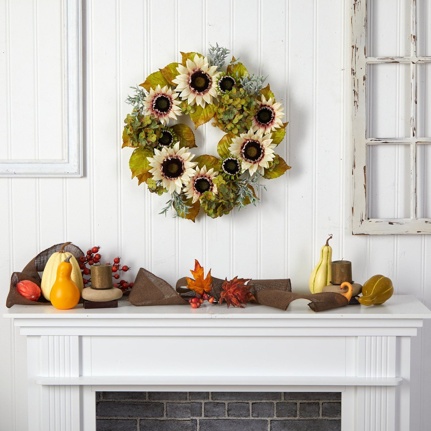 24” White Sunflower and Hydrangea Artificial Autumn Wreath