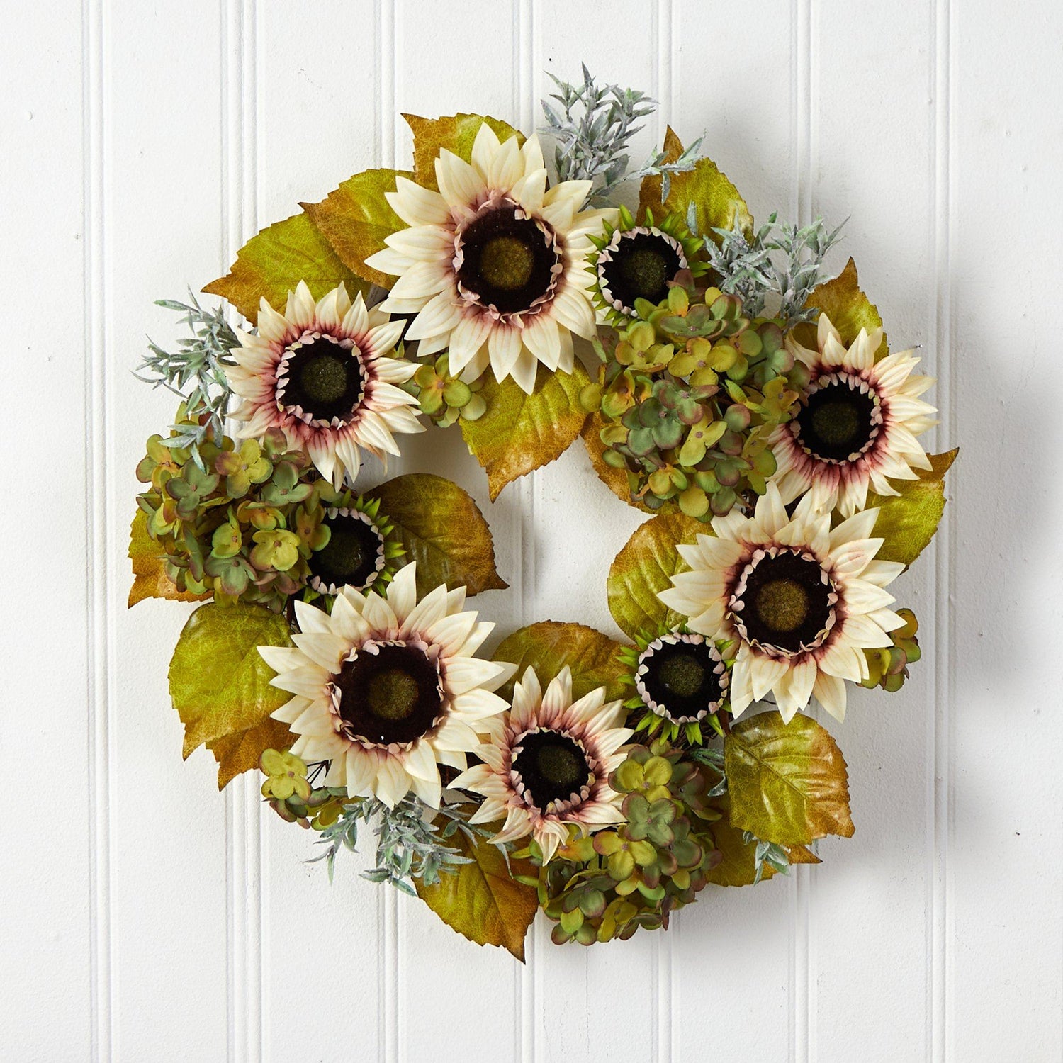 24” White Sunflower and Hydrangea Artificial Autumn Wreath