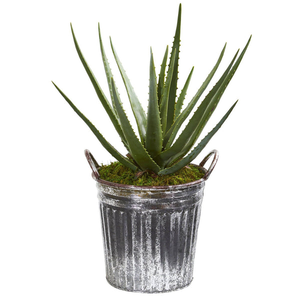 25” Aloe Artificial Plant in Vintage Metal Bucket