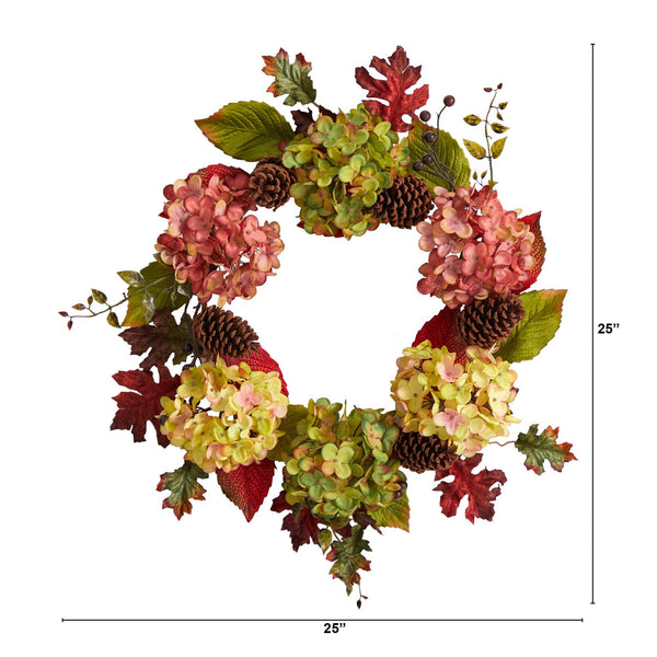 25” Autumn Hydrangea and Pinecones Fall Artificial Wreath