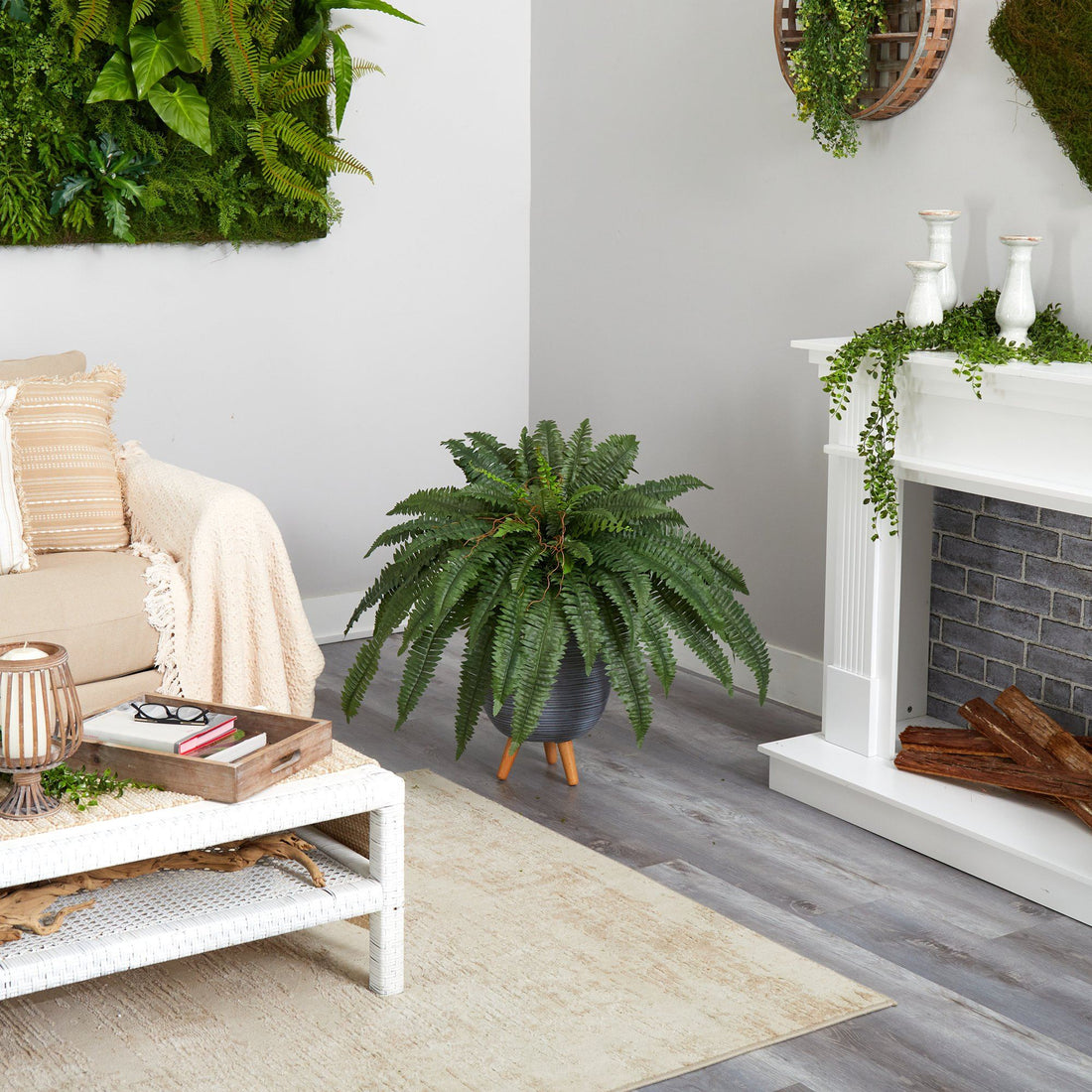 indoor artificial floor standing plants 2.5’ Boston Fern Artificial Plant in Gray Planter with Stand