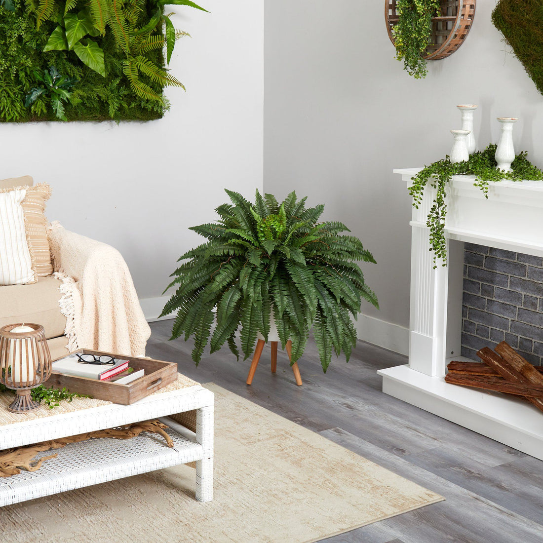 artificial plants in pots indoor 2.5' Boston Fern Artificial Plant in White Planter with Legs