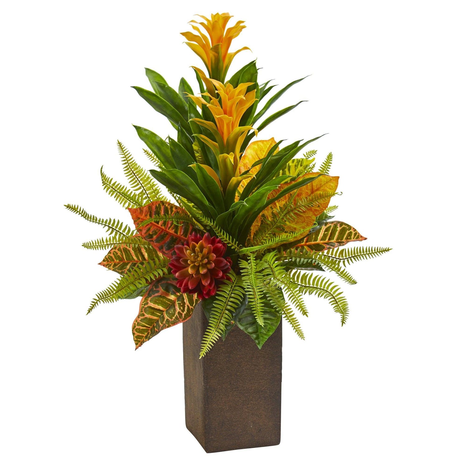 25” Bromeliad, Croton and Succulent Artificial Plant in Weathered Brown Planter