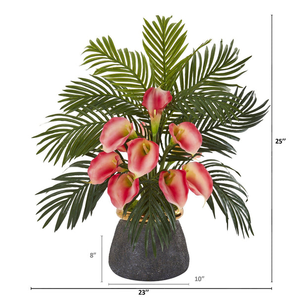 25” Calla Lilly and Areca Palm Arrangement in Stoneware Vase