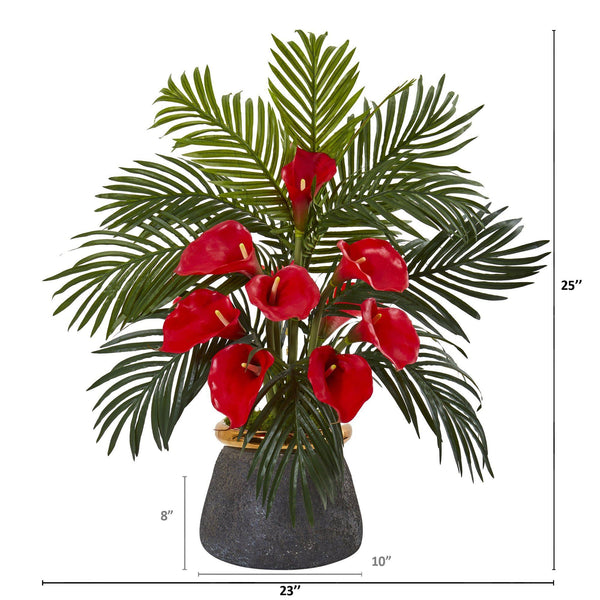 25” Calla Lilly and Areca Palm Arrangement in Stoneware Vase