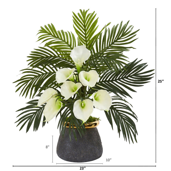 25” Calla Lilly and Areca Palm Arrangement in Stoneware Vase