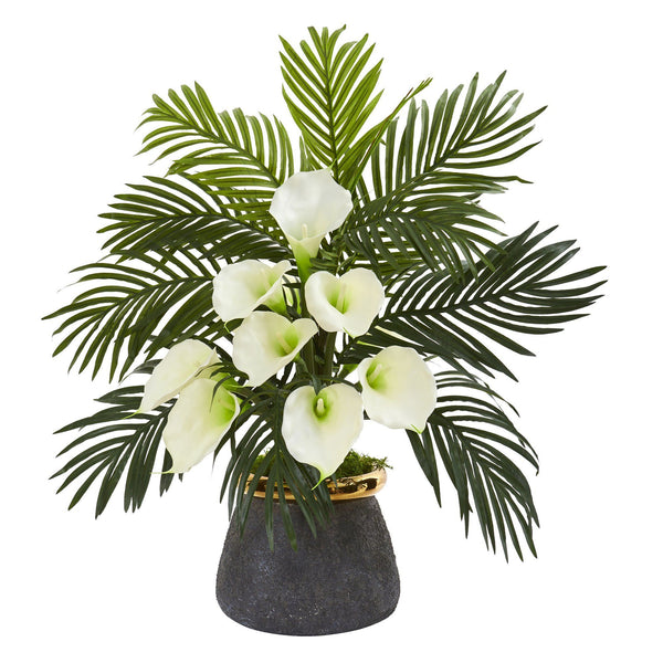 25” Calla Lilly and Areca Palm Arrangement in Stoneware Vase