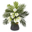 25” Calla Lilly and Areca Palm Arrangement in Stoneware Vase