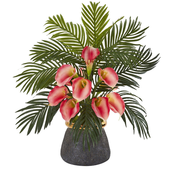 25” Calla Lilly and Areca Palm Arrangement in Stoneware Vase