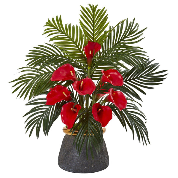 25” Calla Lilly and Areca Palm Arrangement in Stoneware Vase