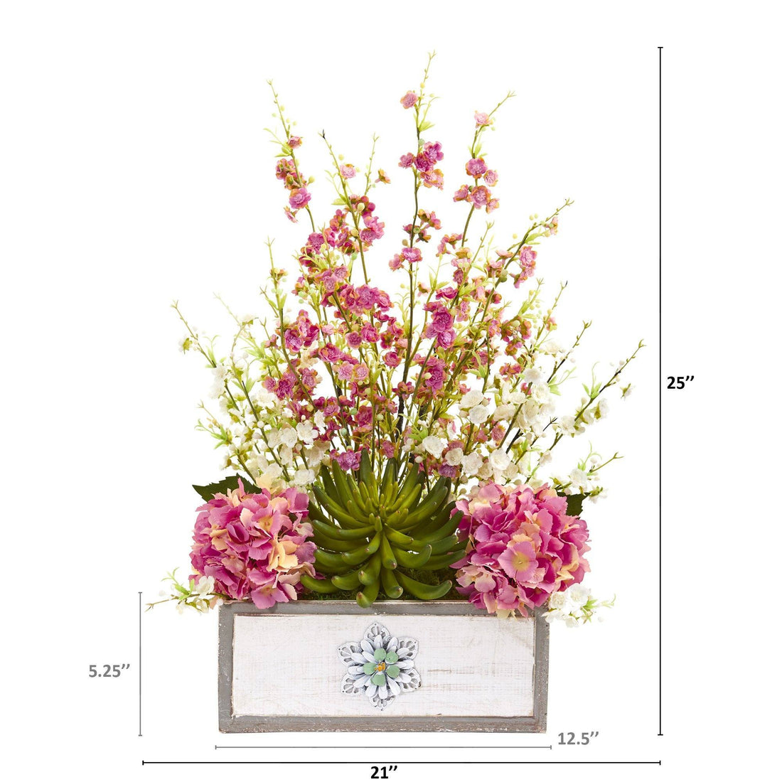 hydrangea and succulent bouquets 25” Cherry Blossom, Hydrangea and Succulent Artificial Arrangement in  Decorative Wood Vase