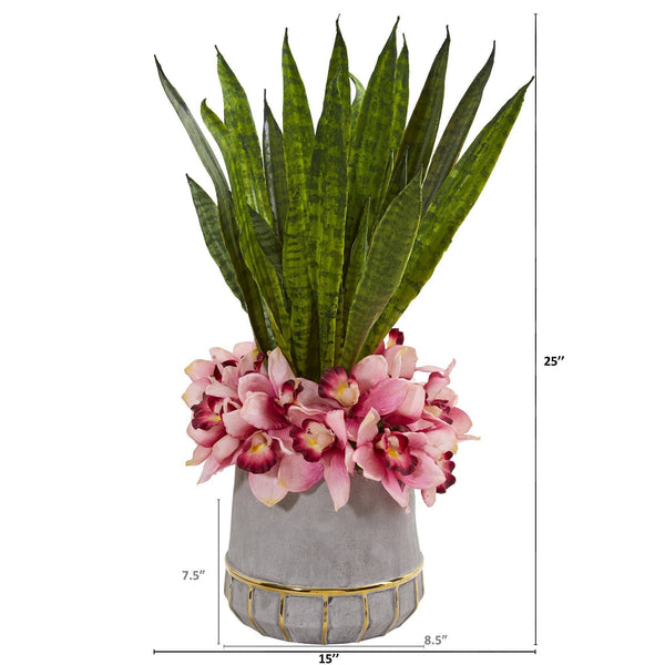25” Cymbidium Orchid and Sansevieria Artificial Arrangement in Vase
